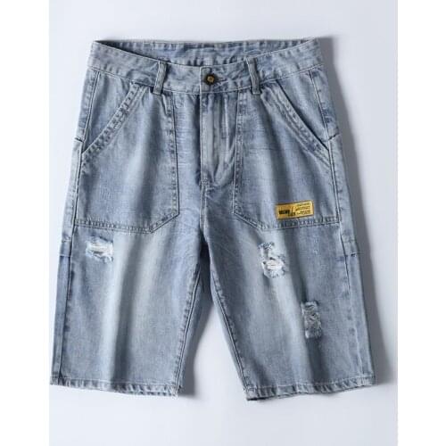 Denim Shorts Jeans Men Summer Dark Blue Loose Fit Retro Ripped Frayed Moto Biker Jeans Pants Man Hip Hop Shorts For Boy Students