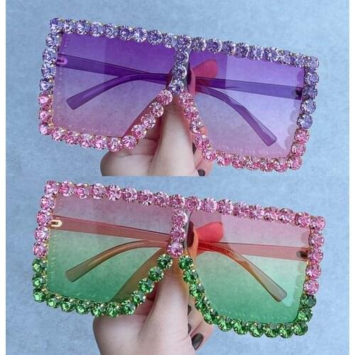 Luxury Brand Big Rectangle Sunglasses Women 2021 Purple Pink Shades For Women 90s Square Rhinestone Sun Glasses Gradient Frame