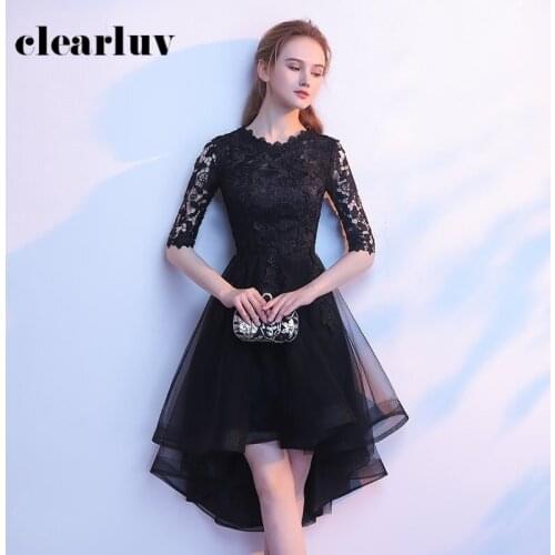 Formal Prom Dresses R208 Lace Top Black Wedding Guest Gowns 2020 Half Sleeve Vestido De Festa Crepe A-Line Elegant Dress
