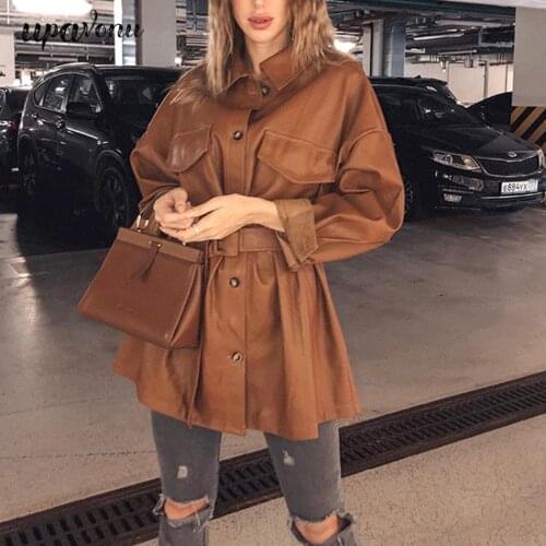 2021 Brown PU Soft Leather Jacket Women Fashion Medium Length Slim Faux PU Leather Coats Elegant Tie Belt Waist Pockets Jacket