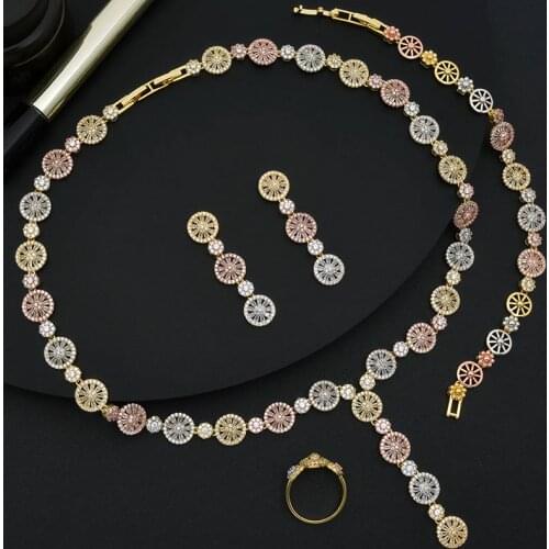 ModemAngel Luxury Circular Flower Luxury Super AAA Cubic Zirconia 3Tone Women Wedding Bridal Necklace Bracelet Earring Ring Set