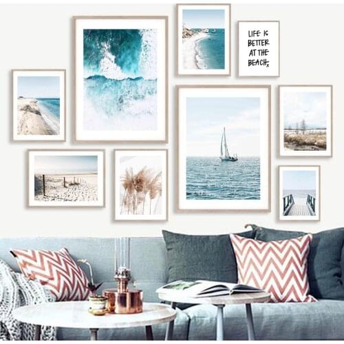 Sea Wave Beach Stone Boat Bridge Dry Grass Wall Art Canvas Painting Nordic Posters And Prints Wall Pictures For Livig Room Decor