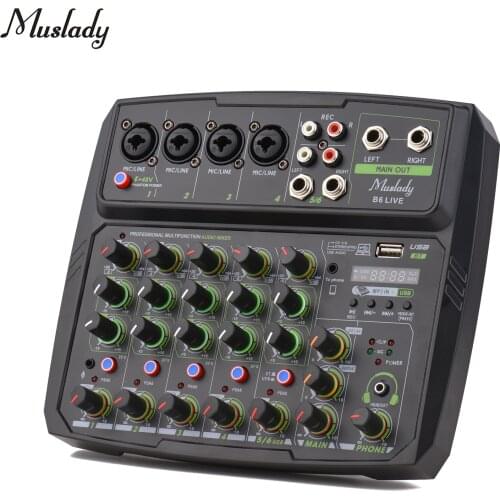 Muslady 4 / 6-Channel Audio Mixer Mixing Console LED Screen Built-in Soundcard BT Connection with 2-band EQ Gain Delay Control