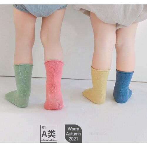 3Pairs Packed Korean Style Children Socks Cotton Solid Color Loose Hem Middle Tube Breathable Boneless Baby Socks 0-8 Years