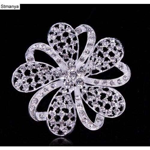 New bride Full Crystal big flower silver color Brooch Rhinestone diy accessories cloak Shawl Scarf pins jewelry wholesale H1033