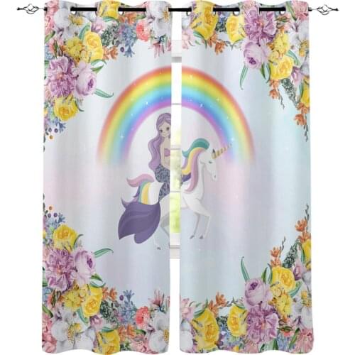 Blue Rainbow Unicorn Mermaid Flower Window Curtains Living Room Kitchen Curtains for Bedroom Left and Right Biparting Open