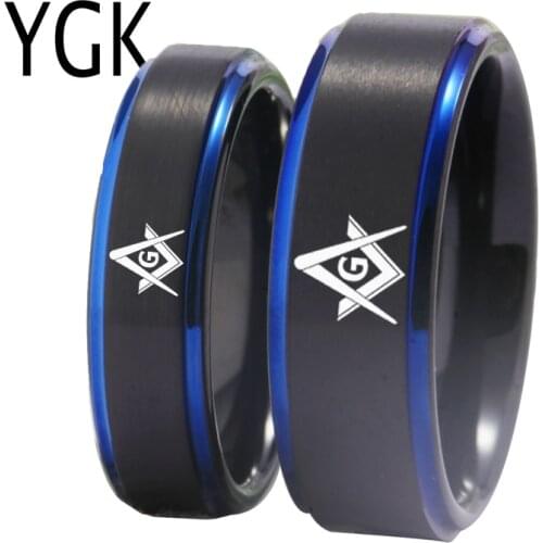 YGK Brand Couple Wedding Jewelry For Lovers Couple Tungsten Ring Black Blue Tungsten Wedding Ring Masonic Design Mason Ring