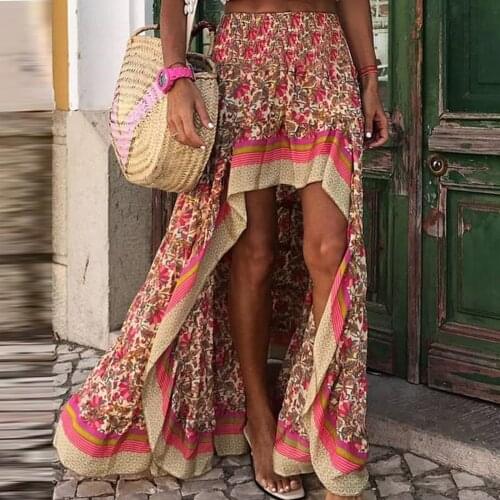 Skirts womens 2021 Harajuku Skirt Boho Floral Print High Low Side Split Ruffle Hem Swing Maxi Long Skirt Ropa Mujer Jupe Femme
