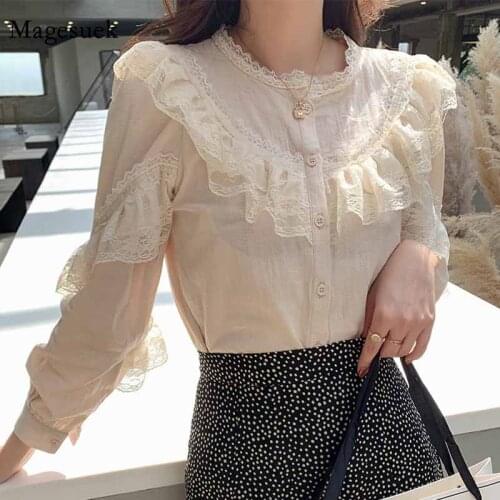 New 2021 Cotton Linen Lace Blouse Women Button Solid Stand Collar Tops Ladies Lace Stitching Sweet Shirt Blusas Feminine 8049 50