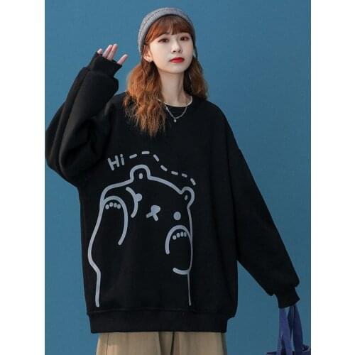 Kawaii Cartoon Bear Print Womens Sweatshirt Harajuku Hoodie Autumn Pullovers O-Neck Loose Oversized Hoodie Korean Sweatshirts