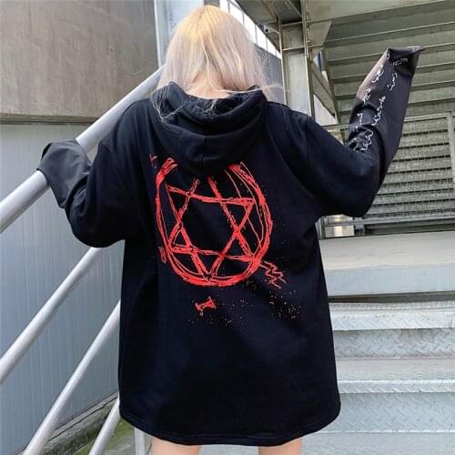 Womens Black Hexagram Print Hoodies Oversized Spliced Sleeve Pullover Sweatshirts With Hood Harajuku Gothic Outfit