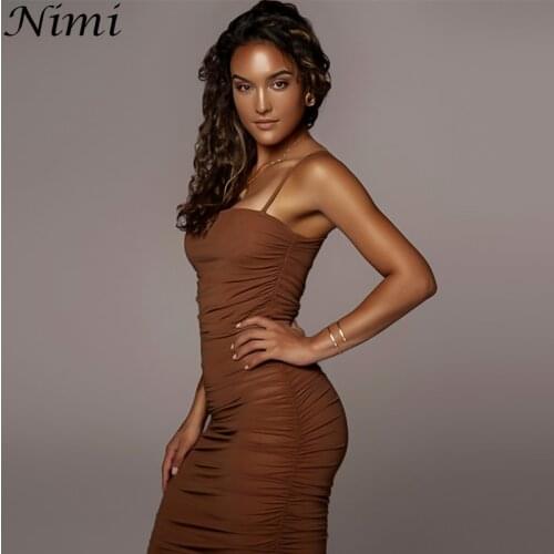 NiMi Mesh Folds Maxi Dresses For Women Summer New Solid Color Perspective Casual Party Strap Backless Dress Brown Beige X21DS