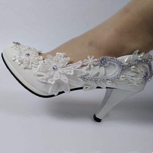 2020 New Arrive White Lace shoes womens wedding shoe High heel shoes Thin heel round toe Platform shoes woman Bridesmaid Shoe