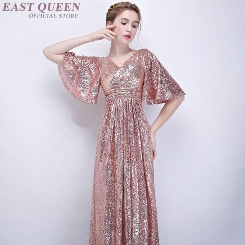 Women Sequins Long Dresses Shiny Formal Dress Women Elegant Short Flare Sleeve Banquet Vestido V Neck Floor-Length Dress DD1162