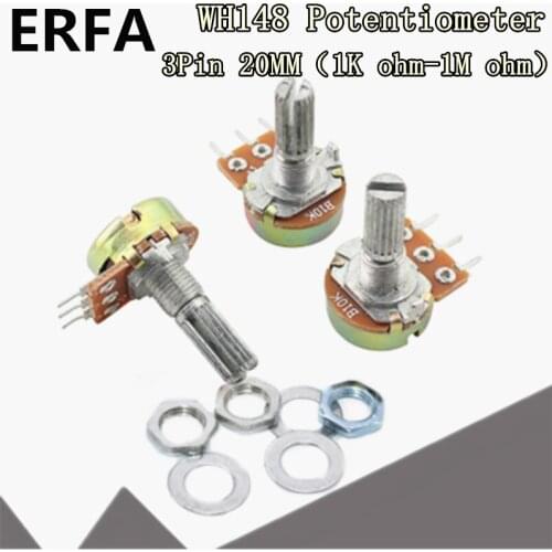 100pcs WH148 3Pin 20mm B1K B2K B5K B10K B20K B50K B100K B500K Shaft Amplifier Dual Stereo Potentiometer 1K 2K 5K 10K 50K 100K 1M
