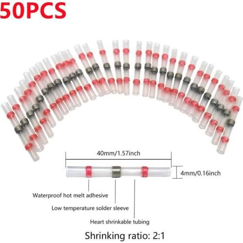 50 Pcs Heat Shrink Butt Crimp Terminals Waterproof Solder Seal Electrical Butt Connectors Wire Cable Splice Terminal Kit