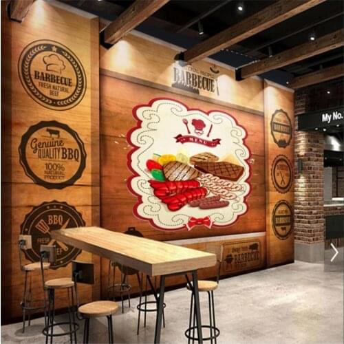 Barbecue Shop Brown Wooden Board Background Mural Wallpaper 3D Night Market Snack Bar Restaurant Industrial Decor Wall Paper 3D