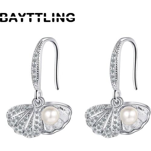 BAYTTLING 925 Sterling Silver 23MM Shiny CZ Zircon Shell Pearl Pendant Earrings For Women Fashion Jewelry Gifts