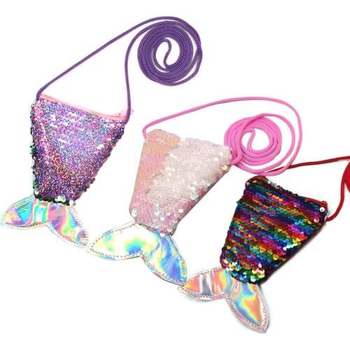Kids Girls Glittering Mermaid Tail Sequins Coin Money Change Card Purse Pouch Children Bling Sling Crossbody Zipper Wallet Toy