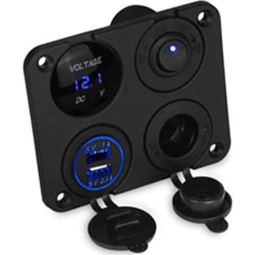 Dual USB Car Charger Adapter Cigarette Lighter Socket LED Digital Voltmeter Switch 12V Socket 4 Hole Switch Panel