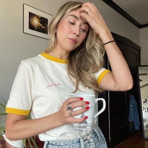 Rowling Cozy Letter Embroidery Graphic T-Shirts Woman Summer O Neck Short Sleeve Cotton Tee Shirts Femme Casual Logo Tops 2021