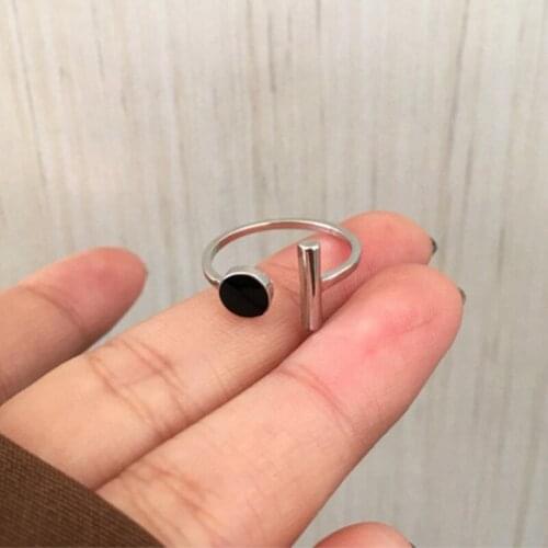 Korea T Bar silver Color Black Round Geometric Opening Adjustable Ring Fashion Dynamic Sweet Exquisite Jewelry Gift