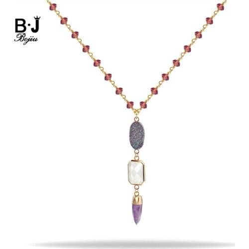 BOJIU Fashion Statement Necklace Purple Crystal Bead chain Grey Druzy Purple Pendant Jewelry NKS149