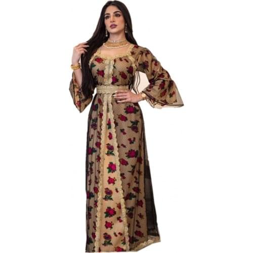 Muslim Robe Casual Long-sleeved Womens Arabic Lace Gauze Printing Dress Spring Autumn New Middle East Dubai Loose Long Skirt