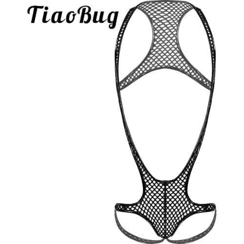 Mens Hot Sexy Lingerie See Through Fishnet Singlet Wrestling Bodysuit Edges Hollow Out Sleepwear Patent Leather Sexy Nightwear