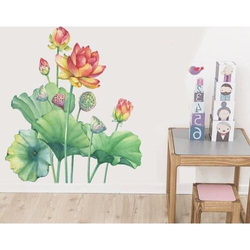 Lotus Flower Wall Stickers Green Leaves for Living Room TV Background Wall Decoration Aesthetic Waterproof Art Decals