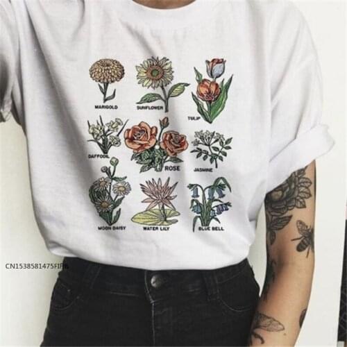 New Fashion T Shirt Female Flower Print Vegan Round Neck Casual Loose Women Street Style Hot T-Shirt Tops Soft Lady Tee Shirts