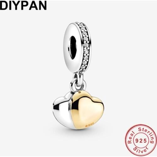 Fit Original Pandora Bracelet Charm 925 Sterling Silver Two-Tone Double Heart Dangle Charm Pendant Jewelry Berloque Bangle