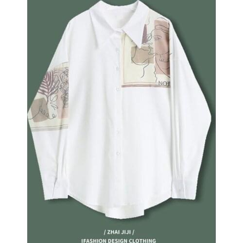 2021 Spring Summer New Womens Shirts French Niche Shirts Abstract Printing Stitching Long-sleeved Shirt Versatile Design Blouse