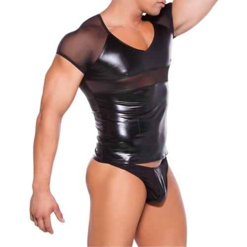 Sexy Men Vinyl Lingerie Set Black Faux Leather Short Sleeve Tank Top Low Waist G-String Underwear Set Male Erotic Sexy Clubwear