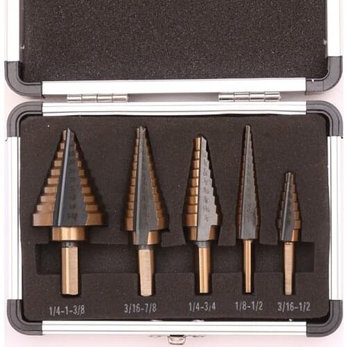 5pc Inch Aluminum Boxed Roasted Yellow Triangle Handle Step Drill Pagoda Drill Woodworking Hole Opener Set