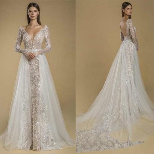 2021 Wedding Dresses V Neck Long Sleeve Lace Applique Sequin Bridal Gowns Custom Made Open Back Sweep Train A Line Wedding Dress