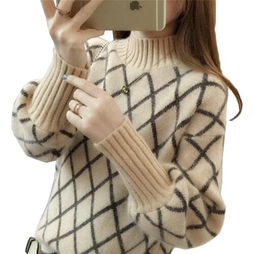 Sweater Women New Autumn Winter Clothes Korean Loose Half Turtleneck Sweater Knit Pullover Plaid Long Sleeve Knit Female Tops