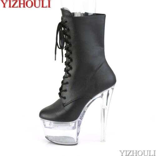 17 cm transparent stiletto heels, sexy 7 inch ankle boots, matte black upper, party club, model pole dancing shoes