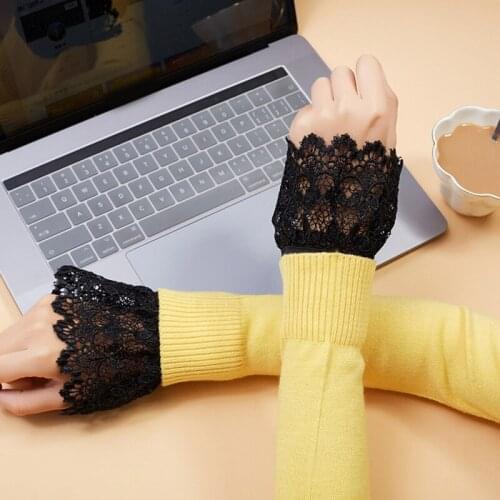 Women Decorative Layered Horn Cuffs Bracelet Hollow Out Embroidery Leaves Lace Fake Sleeves Detachable Buttons Wristband