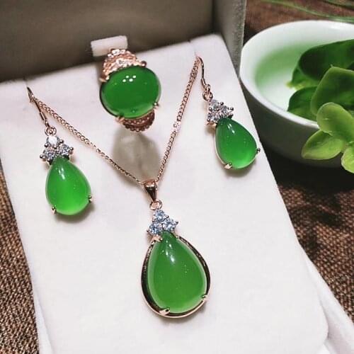 2020 New Best Design 925 Sterling Silver Jewelry Sets For Women Natural Green Jade Gemstone Emerald Jewelry Set Engagement Gifts