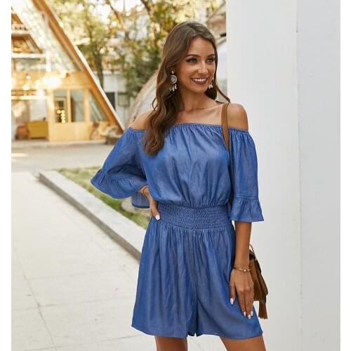 Fashion Off Shoulder Short Jumpsuits Casual Women Butterfly Sleeve Summer Solid Slash Neck Loose Playsuits Beach Holiday Rompers