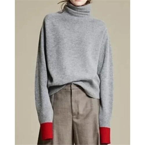 Goat cashmere blend thick knit women fashion high collar patchwork sleeve pullover sweater grey red 3color S-3XL