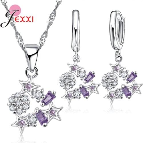 Pretty CZ Cubic Zirconia Star Shape Jewelry Sets 925 Sterling Silver Romantic Pendant Necklace & Earrings Set