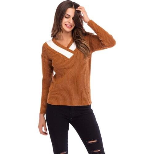 Womens Winter V Neck Patchwork Contrast Color Long Sleeves Knit Crochet Sweater for Woman Lady Autumn Fall Pullover Top Sweaters
