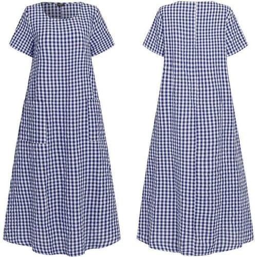 2021 Summer Dress Boho Casual Pockets Maxi Long Dress Vintage Plaid Printed Loose Sundress Round Crew Neck Oversize Robe S-5XL