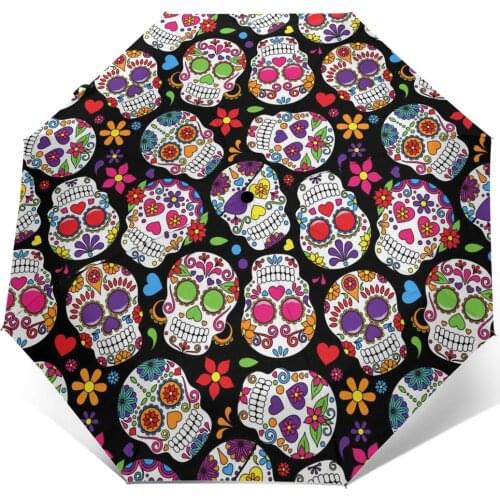 Automatic Umbrella Rain Women Three-folding Umbrella Day Of The Dead Sugar Skull Windproof Umbrella Female Waterproof parasol