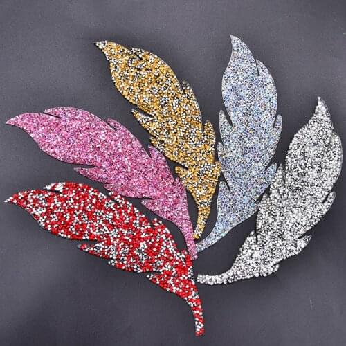 New design Leaf feather shape rhinestone embroidered patches iron on sewing crystal strass applique for dress headband decoratio