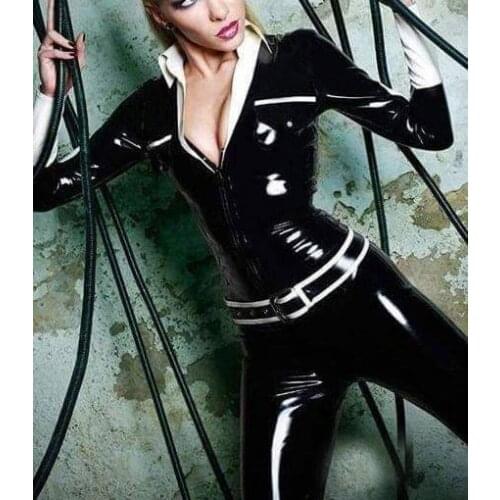 100% handmade black uniform latex catsuit womens latex zentai including belt and with front zip to navel