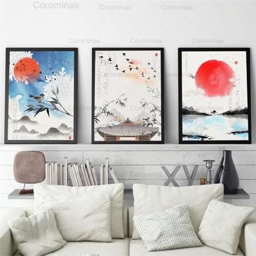 Abstract Wall Art Vintage Painting Scenery Canvas Art Posters and Prints Mountain Water Cuadros Asian Home Decor Landscape Mural