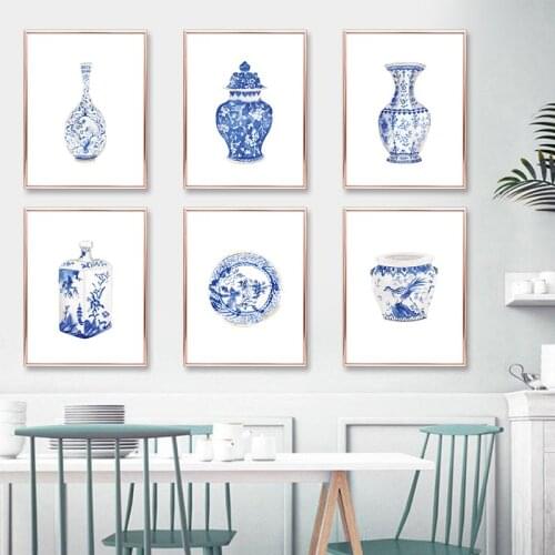 Watercolor Chinoiserie Vases Prints Ming Porcelain Blue and White China Art Canvas Painting Eastern Art Poster Wall Art Decor